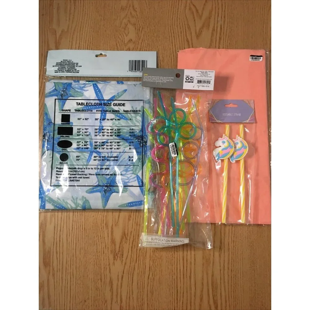 New Bundle Of 16pc Tropical Beachy Party Birthday Shaped Straws & Table Covers
